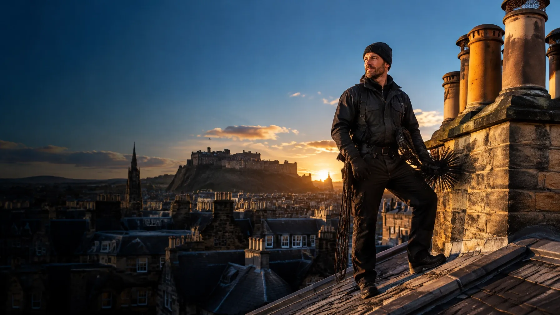 Chimney sweep working beside sandstone chimney pots on an Edinburgh slate rooftop